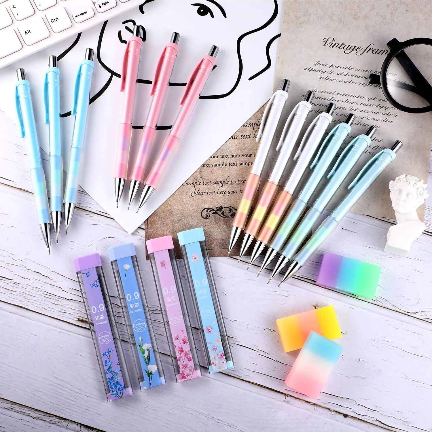 23 Pieces 0.9 mm Mechanical Pencil Set, Includes 12 Pieces Mechanical Pencils, 8 Tubes of Pencil Lead Refills, 3 Pieces Erasers for School and Office Drawing Crafting