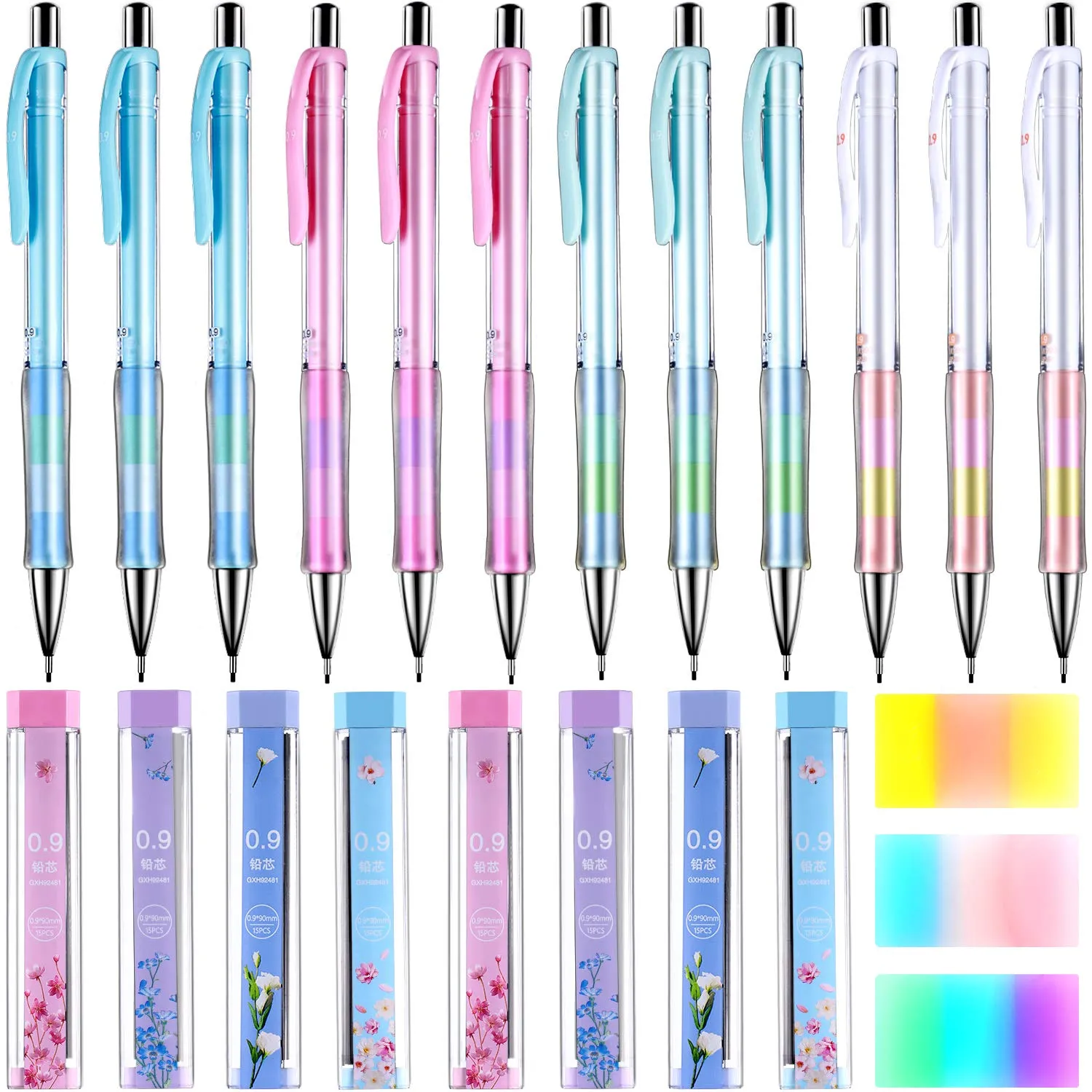 23 Pieces 0.9 mm Mechanical Pencil Set, Includes 12 Pieces Mechanical Pencils, 8 Tubes of Pencil Lead Refills, 3 Pieces Erasers for School and Office Drawing Crafting