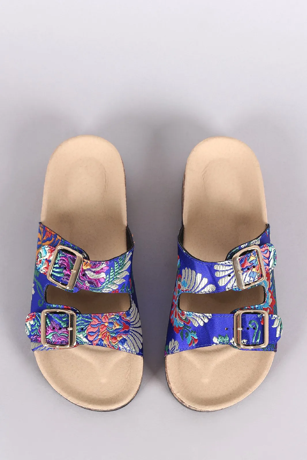 Bamboo Satin Floral Brocade Buckled Cork Slide Sandal