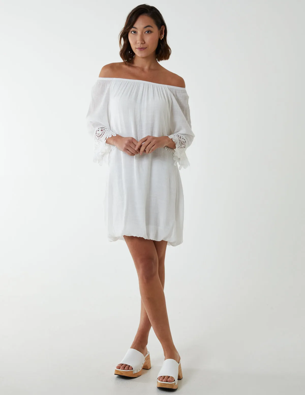 Bardot Tunic Dress With Crochet Lace Sleeves