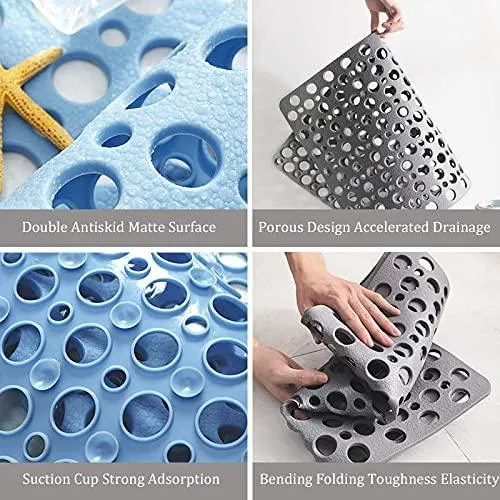 Bathtub Shower Mat Non-Slip with Suction Cups & Drain Holes Bath Mat Antibacterial Machine Washable Bathroom Rug for Kids Elderly
