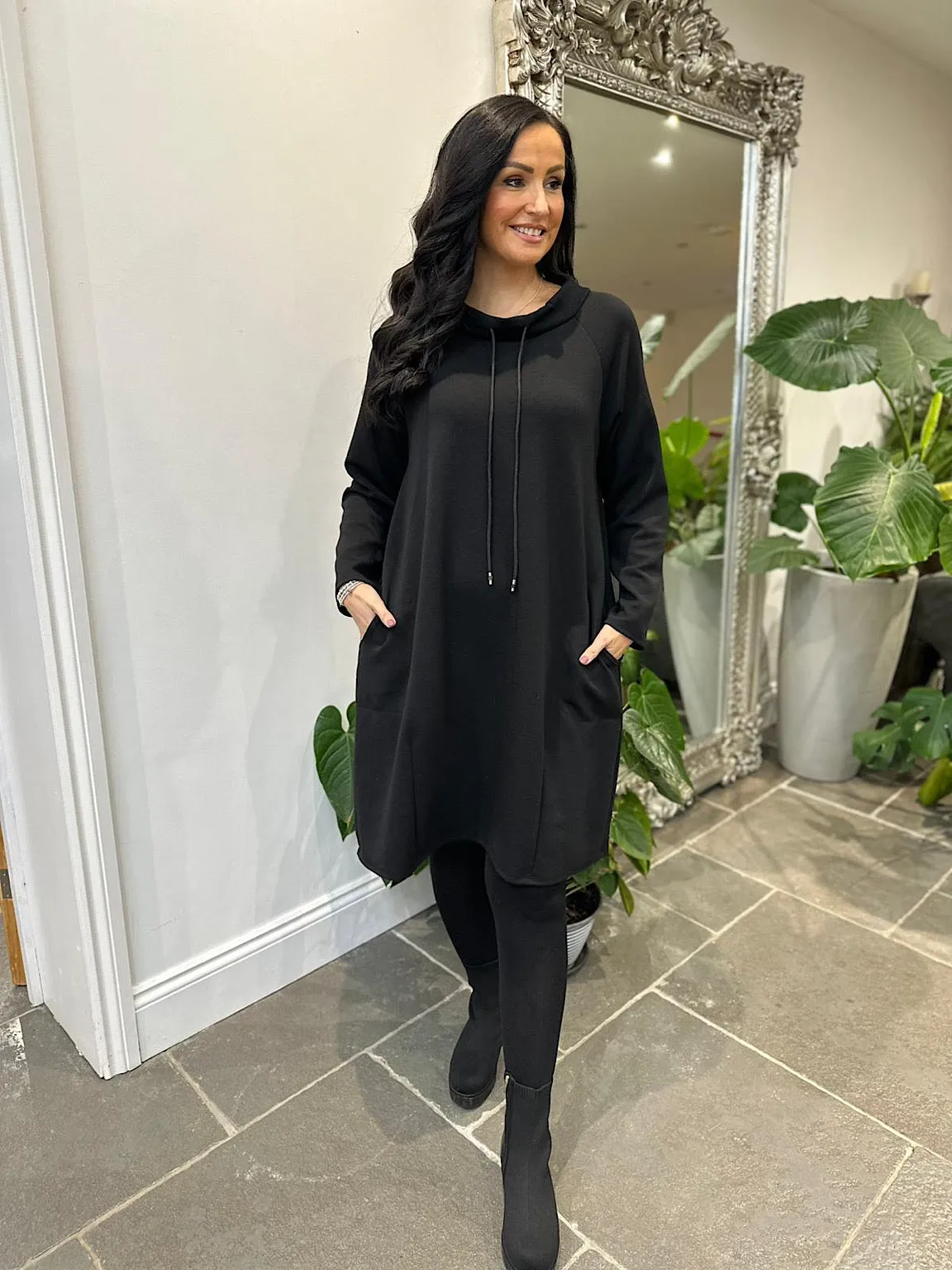 Black Drawstring Sweatshirt Dress Esme