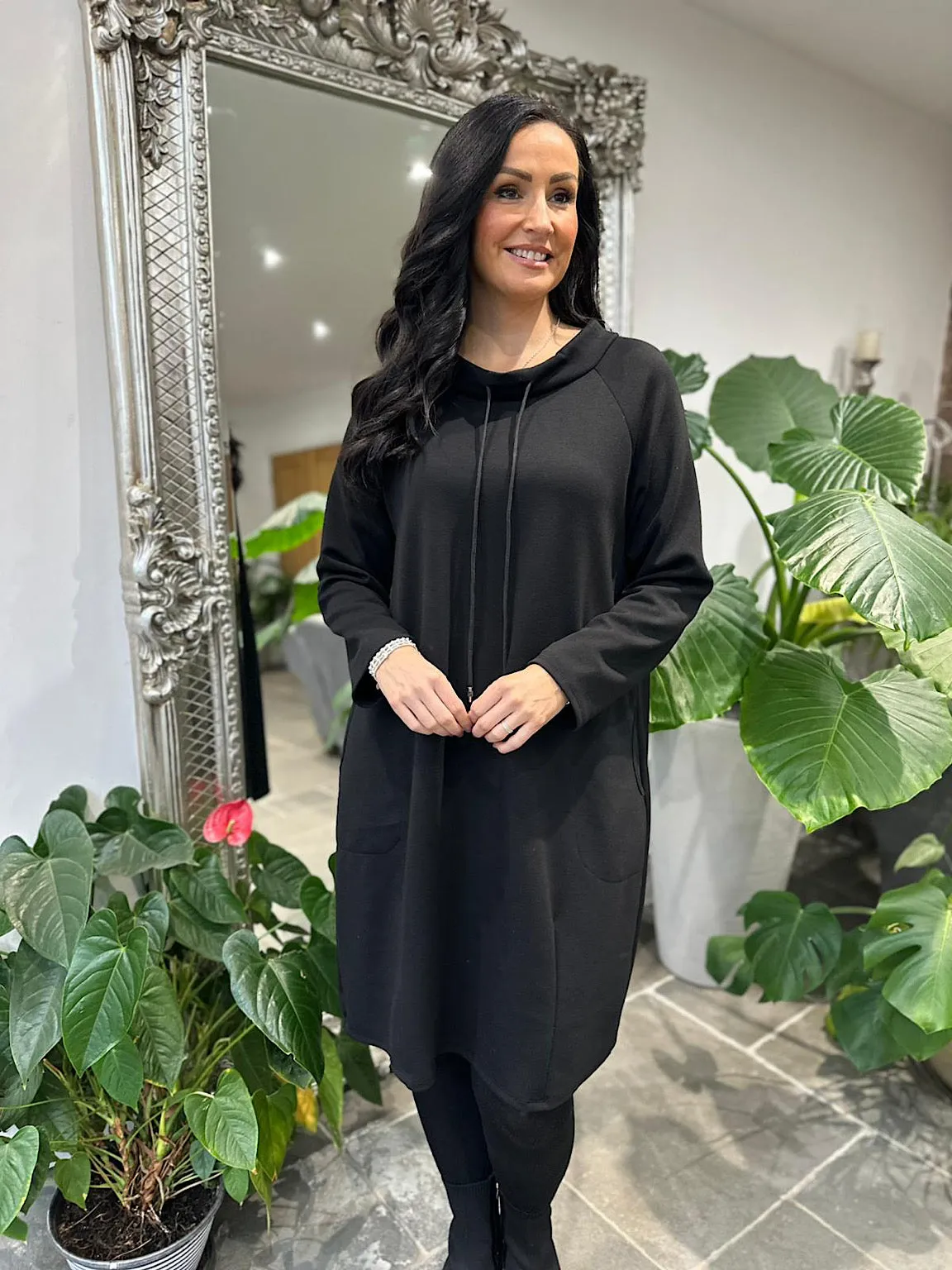 Black Drawstring Sweatshirt Dress Esme
