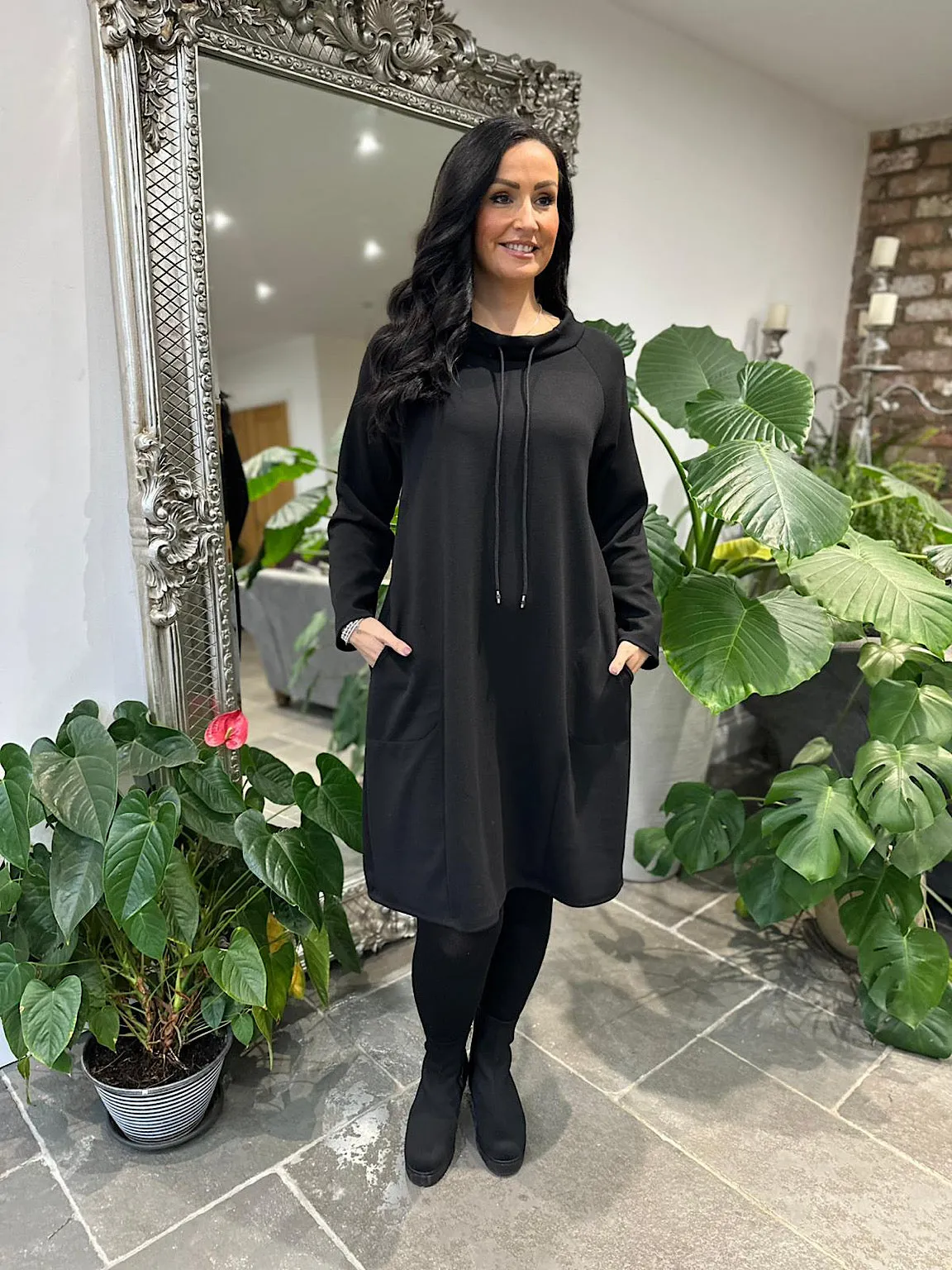 Black Drawstring Sweatshirt Dress Esme