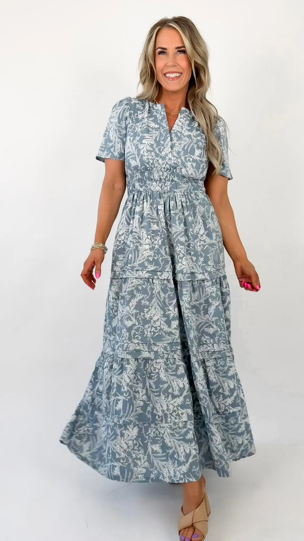 Blue Grey Floral Maxi Dress