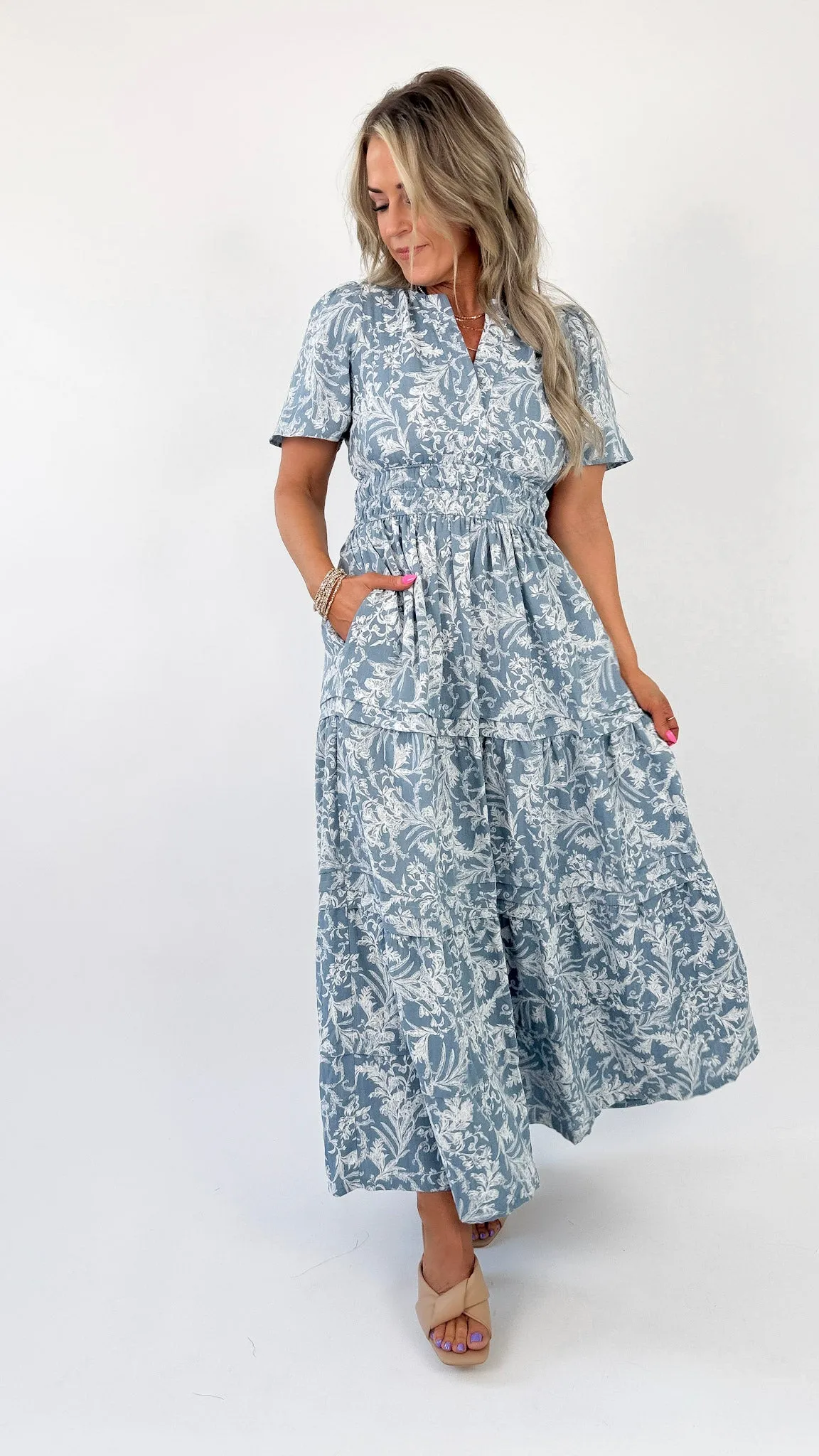 Blue Grey Floral Maxi Dress
