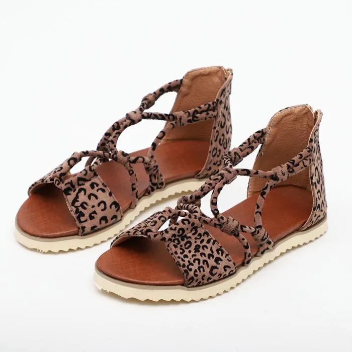 Chicvane Leopard Print Open Toe Strap Zipper Closure Flat Sandals