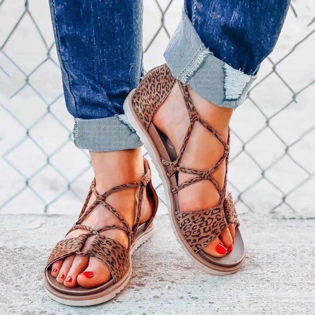 Chicvane Leopard Print Open Toe Strap Zipper Closure Flat Sandals