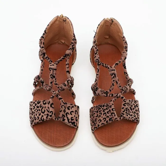 Chicvane Leopard Print Open Toe Strap Zipper Closure Flat Sandals