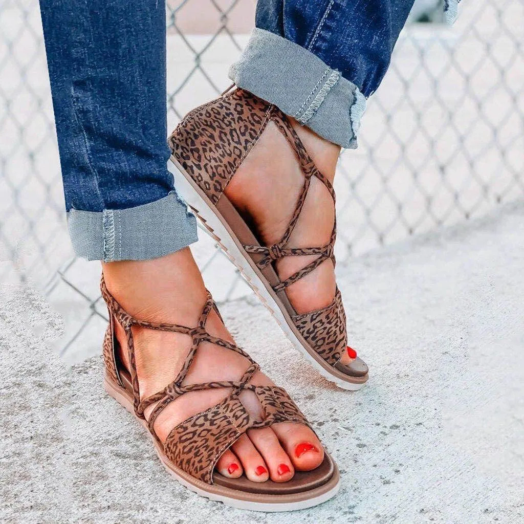 Chicvane Leopard Print Open Toe Strap Zipper Closure Flat Sandals