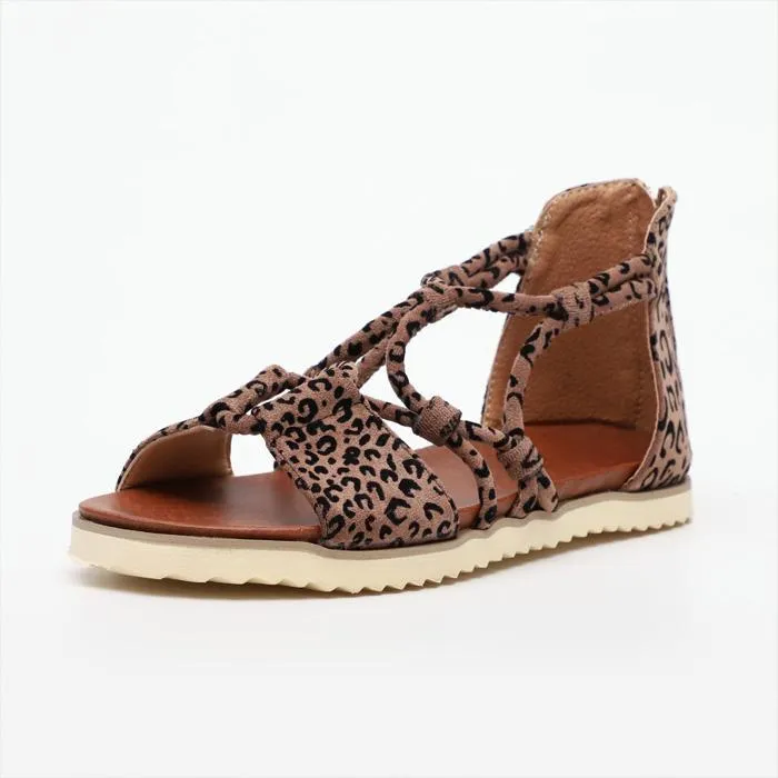 Chicvane Leopard Print Open Toe Strap Zipper Closure Flat Sandals