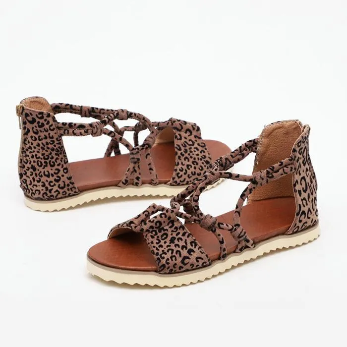 Chicvane Leopard Print Open Toe Strap Zipper Closure Flat Sandals