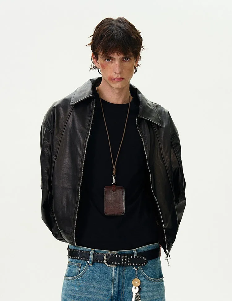 Collared Faux Leather Drop Shoulder Zip Jacket