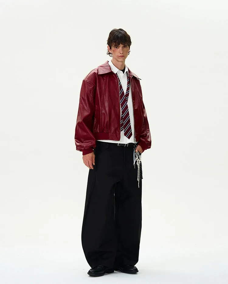 Collared Faux Leather Drop Shoulder Zip Jacket