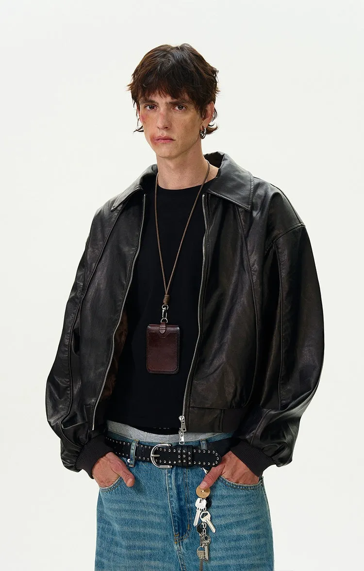 Collared Faux Leather Drop Shoulder Zip Jacket