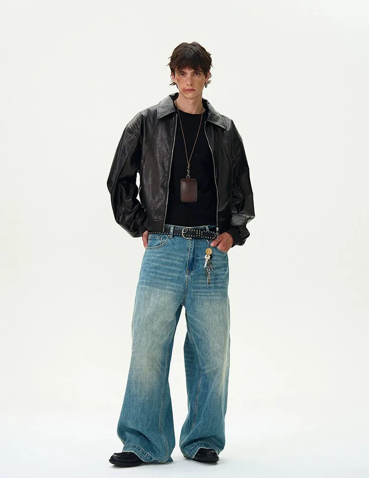 Collared Faux Leather Drop Shoulder Zip Jacket