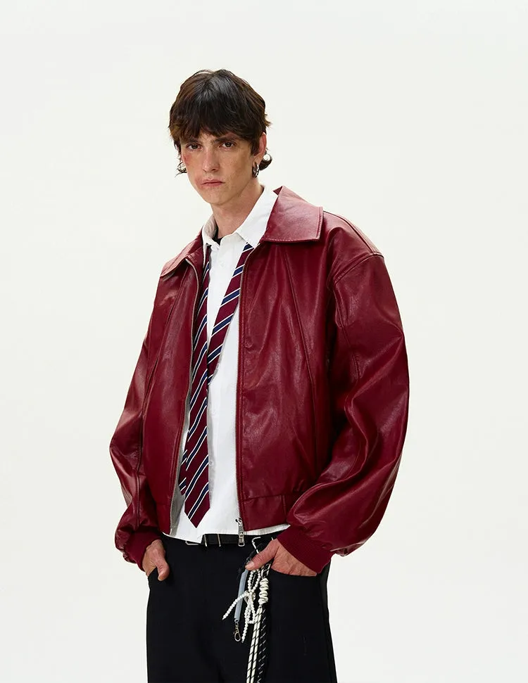 Collared Faux Leather Drop Shoulder Zip Jacket