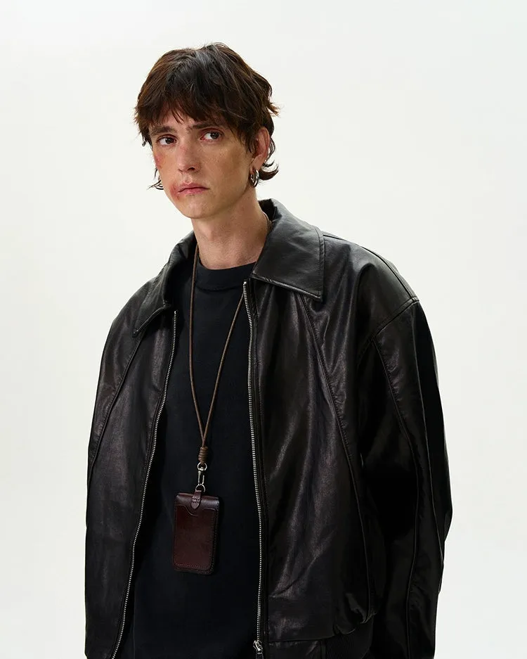 Collared Faux Leather Drop Shoulder Zip Jacket