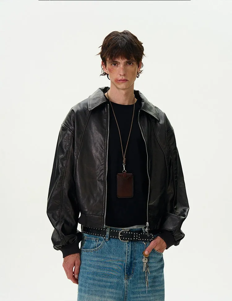 Collared Faux Leather Drop Shoulder Zip Jacket