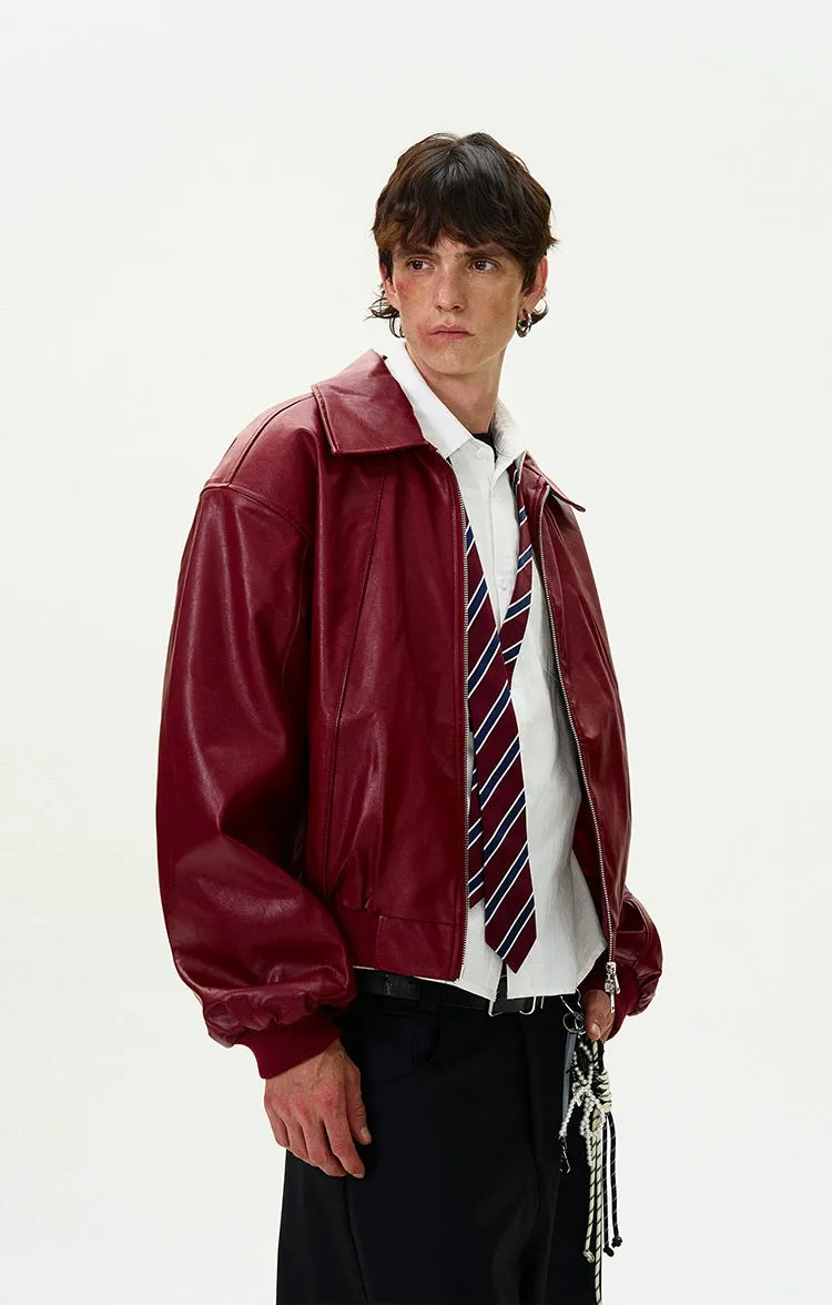 Collared Faux Leather Drop Shoulder Zip Jacket