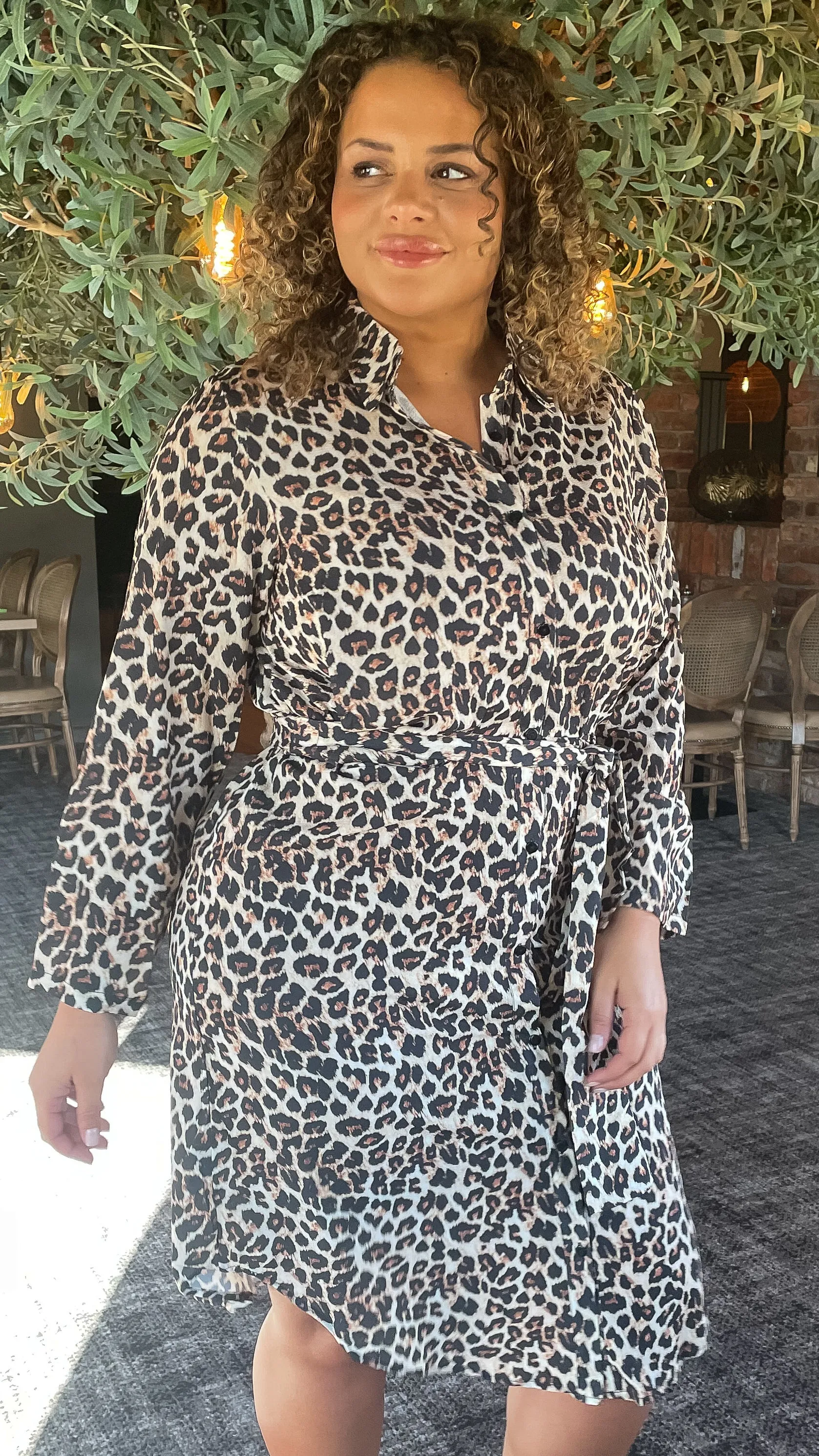 CurveWow Tie Waist Shirt Dress Leopard