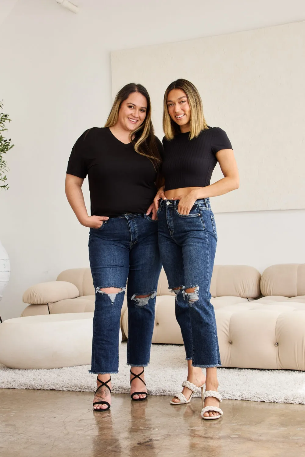 Dylan Tummy Control Distressed High Waist Raw Hem Jeans