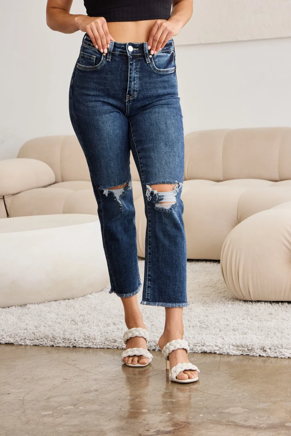 Dylan Tummy Control Distressed High Waist Raw Hem Jeans