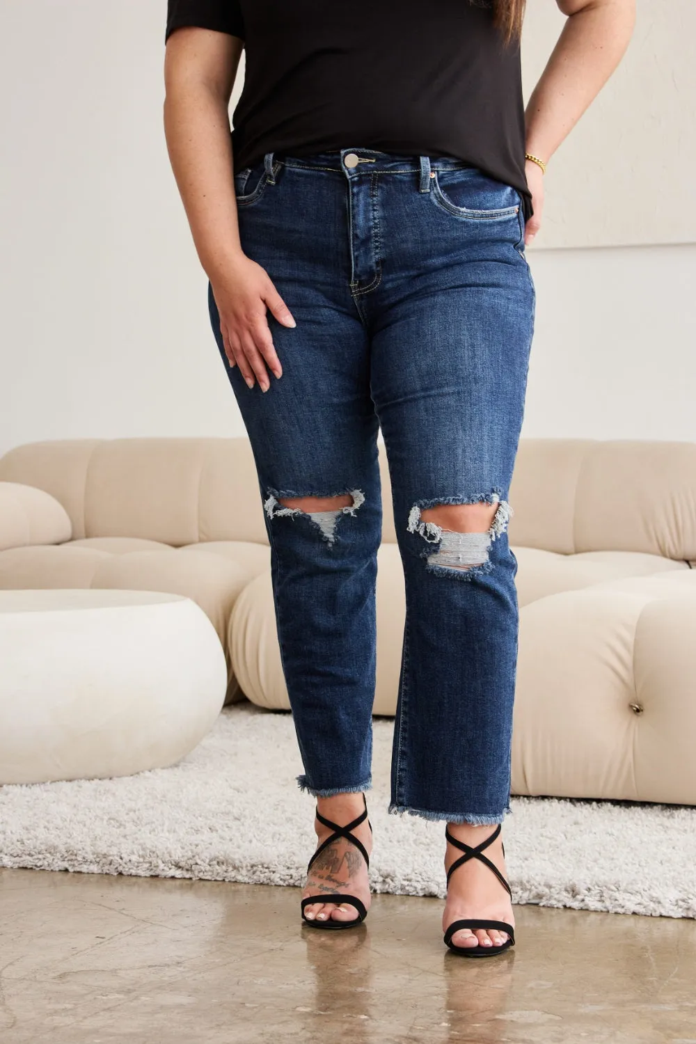 Dylan Tummy Control Distressed High Waist Raw Hem Jeans