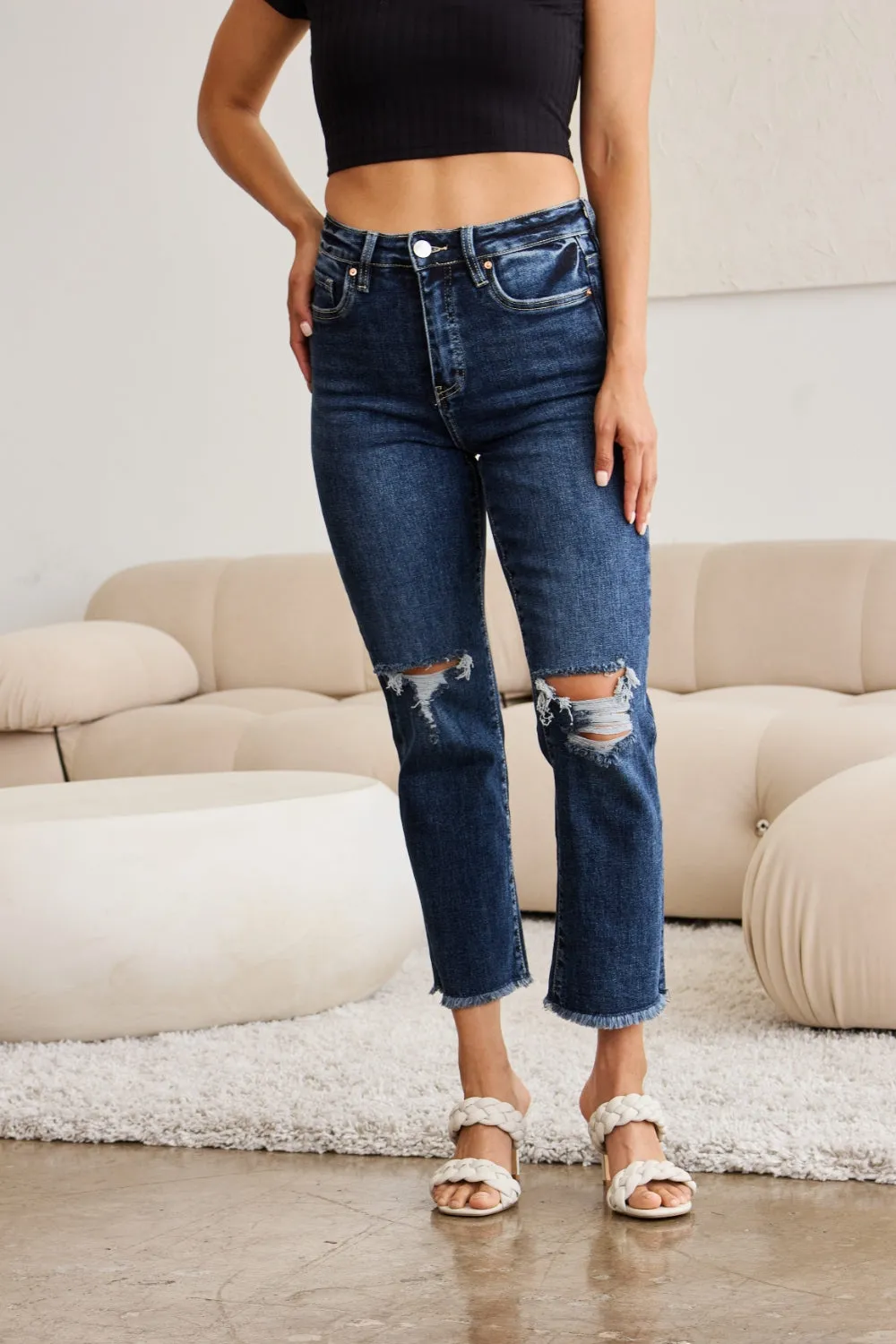 Dylan Tummy Control Distressed High Waist Raw Hem Jeans