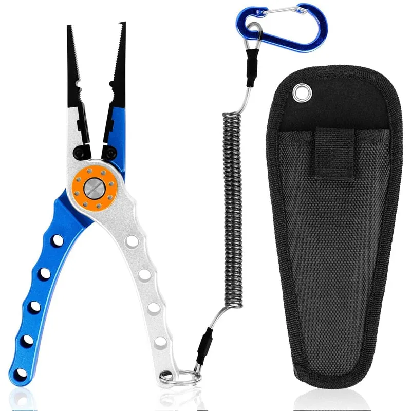 Fishing Pliers Aluminum Braid Cutters Split Ring Pliers Hook Remover Fish Holder with Sheath and Lanyard