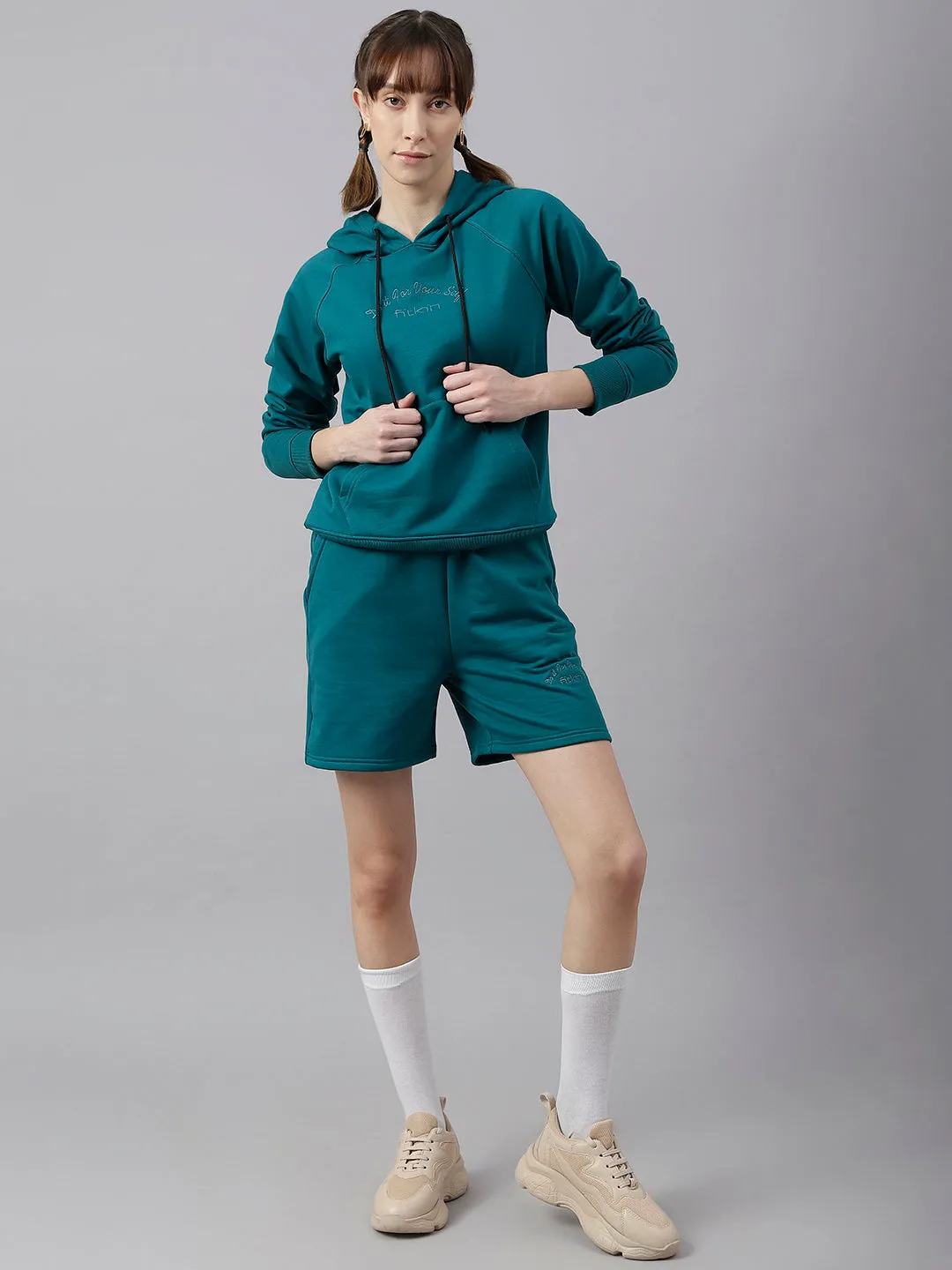 Fitkin Women Green Fleece Regular Fit Hooded Sweatshirt