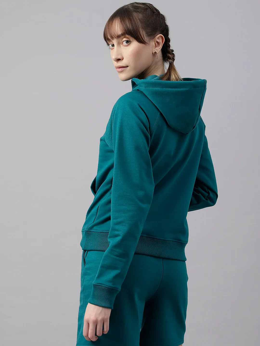 Fitkin Women Green Fleece Regular Fit Hooded Sweatshirt