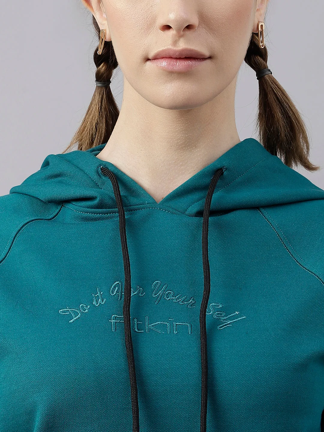 Fitkin Women Green Fleece Regular Fit Hooded Sweatshirt