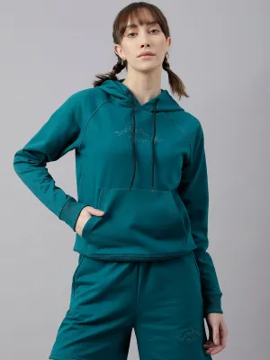 Fitkin Women Green Fleece Regular Fit Hooded Sweatshirt