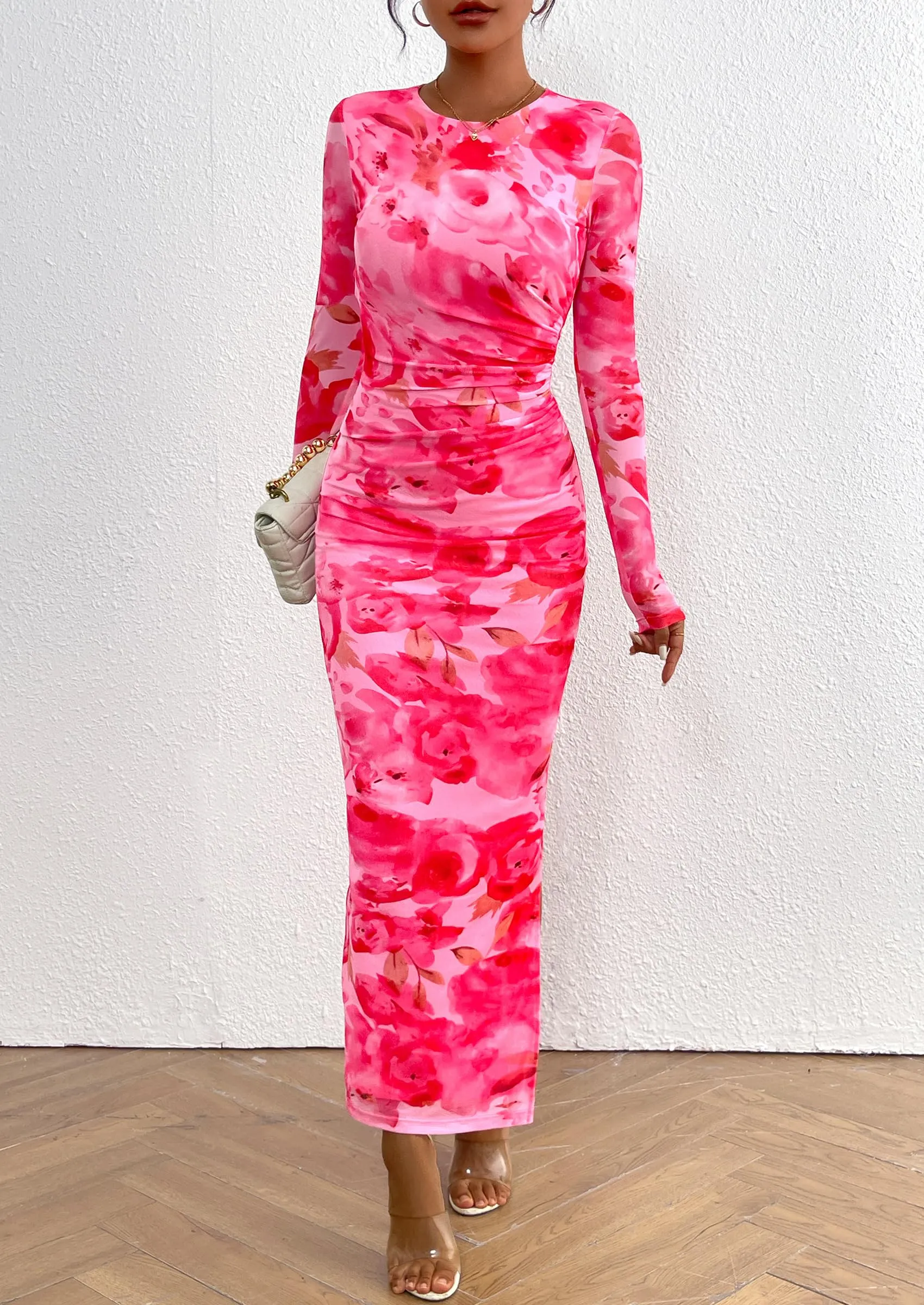 Floral Print Long Sleeve Tight Fitted Ruched Bodycon Maxi Dresses