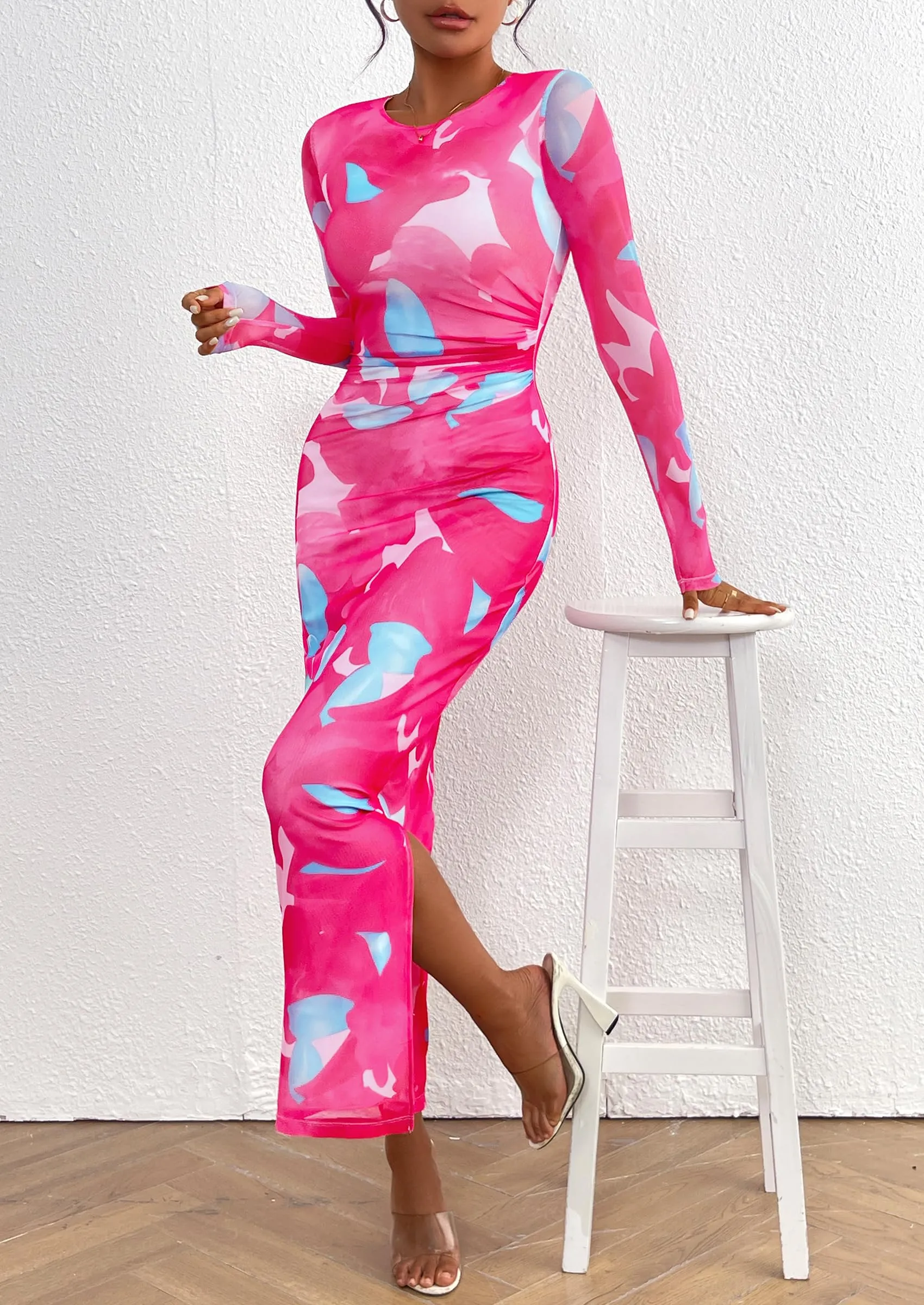 Floral Print Long Sleeve Tight Fitted Ruched Bodycon Maxi Dresses