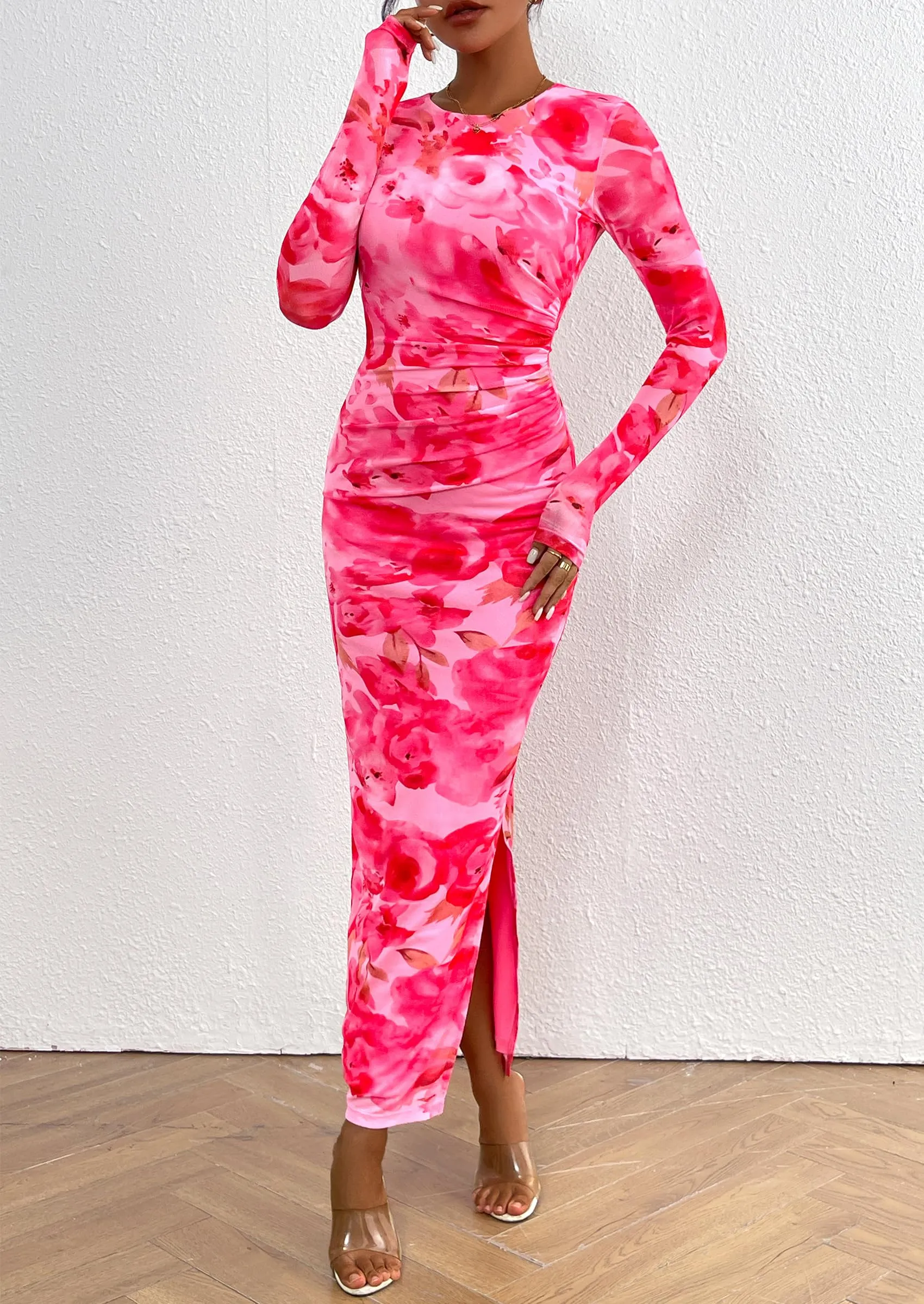 Floral Print Long Sleeve Tight Fitted Ruched Bodycon Maxi Dresses