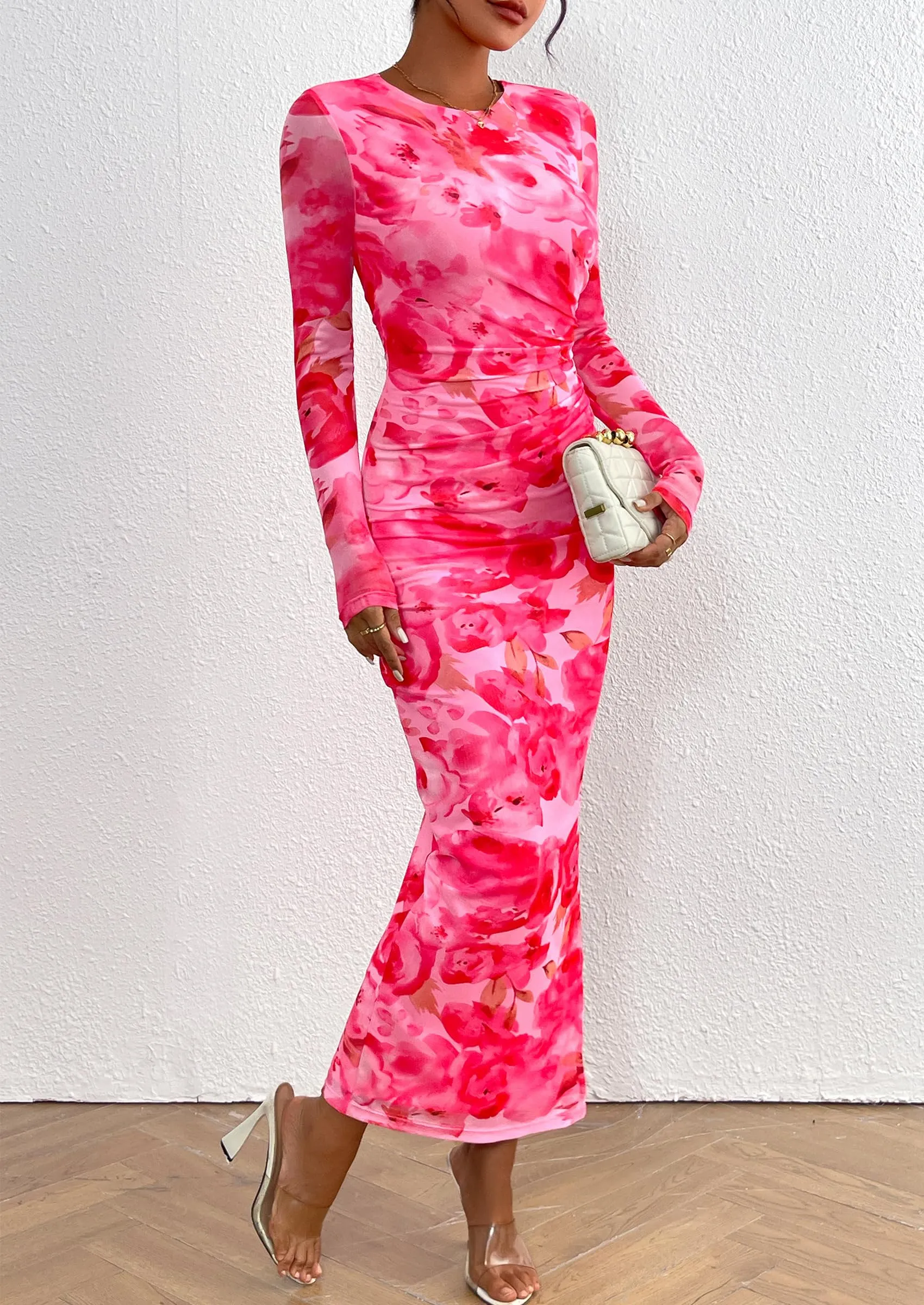 Floral Print Long Sleeve Tight Fitted Ruched Bodycon Maxi Dresses