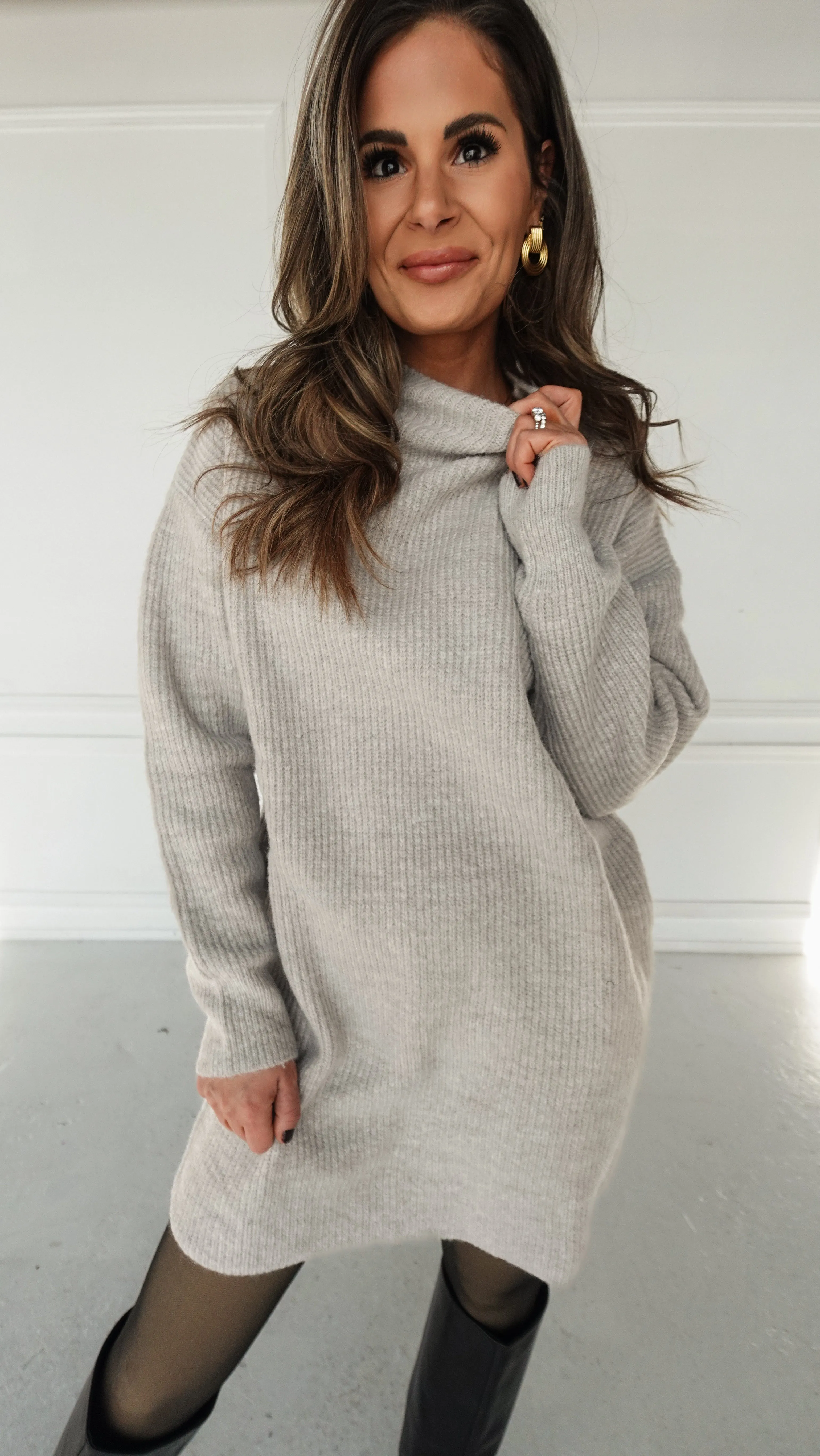 Gray Mock Neck Long Sleeve Sweater Dress