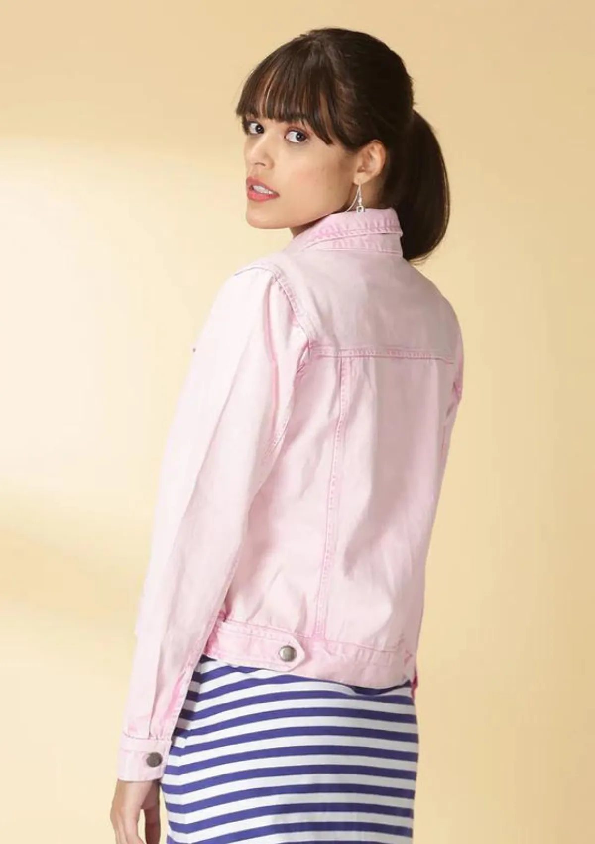 Hayley - Pink Denim Jacket with Blue Striped Dress