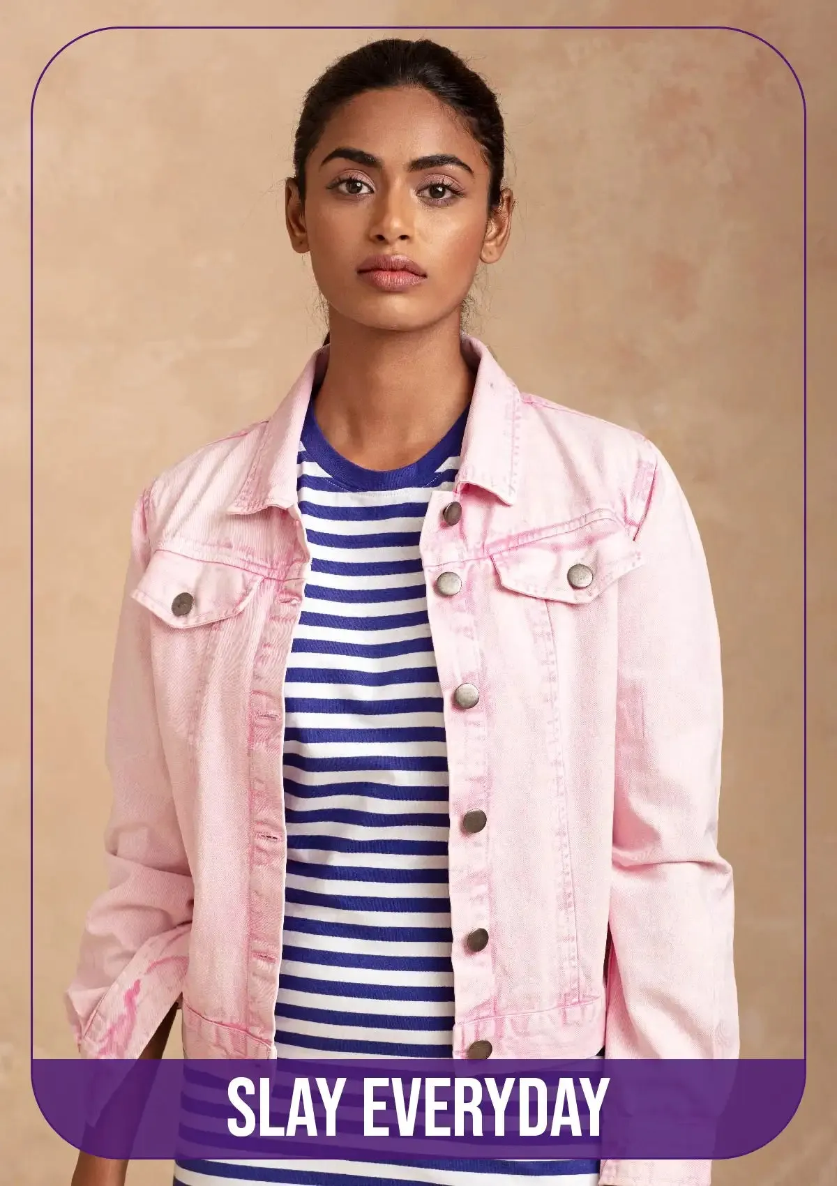Hayley - Pink Denim Jacket with Blue Striped Dress