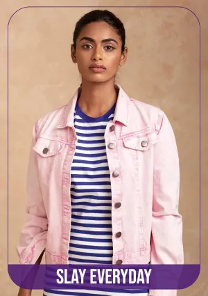 Hayley - Pink Denim Jacket with Blue Striped Dress