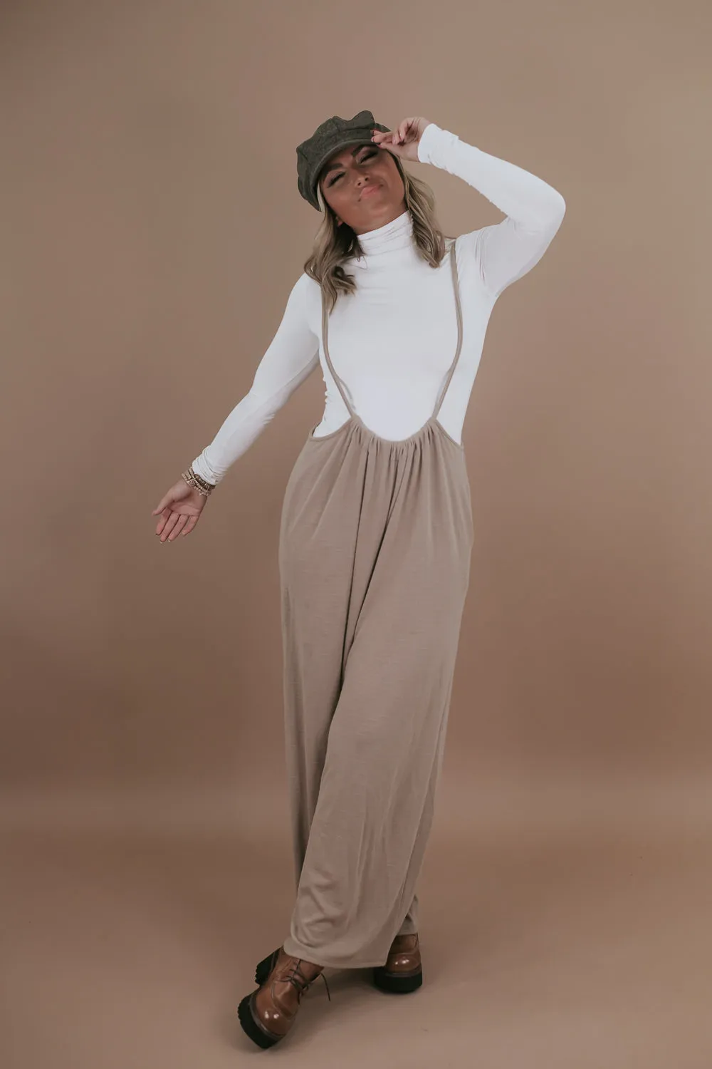 Head Over Heels Suspender Jumpsuit, Taupe