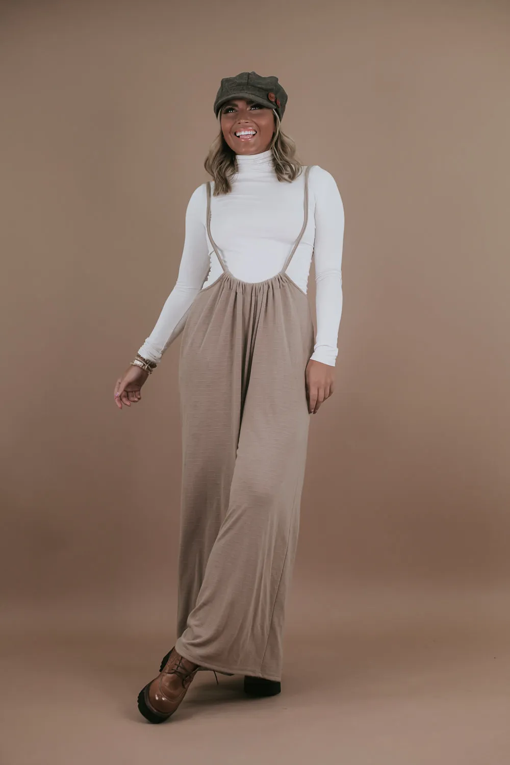 Head Over Heels Suspender Jumpsuit, Taupe
