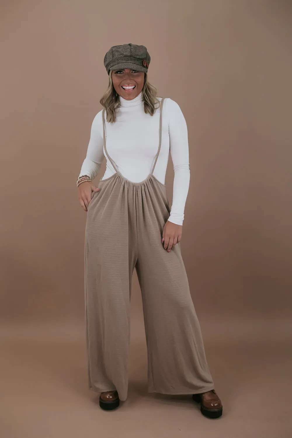 Head Over Heels Suspender Jumpsuit, Taupe