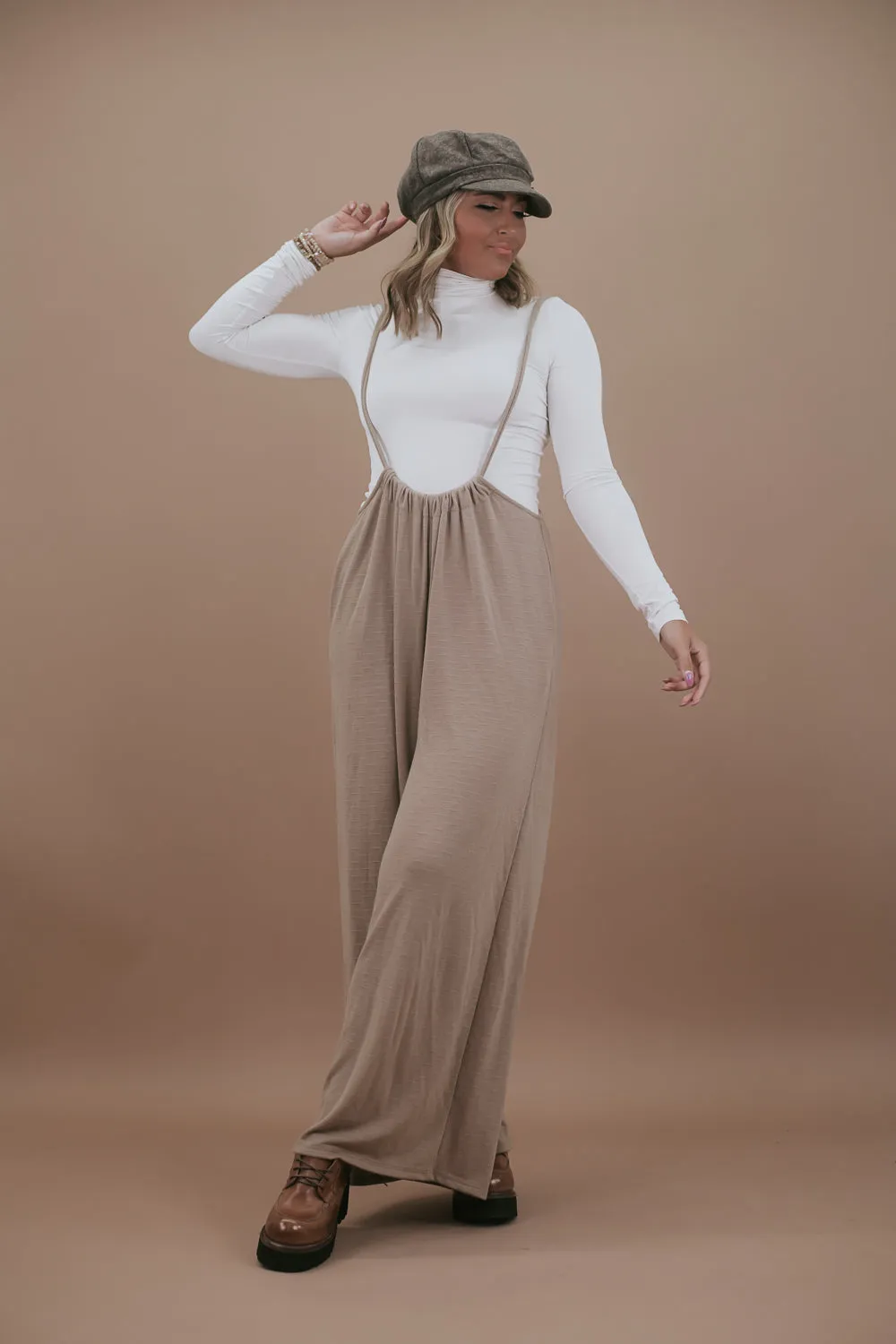 Head Over Heels Suspender Jumpsuit, Taupe