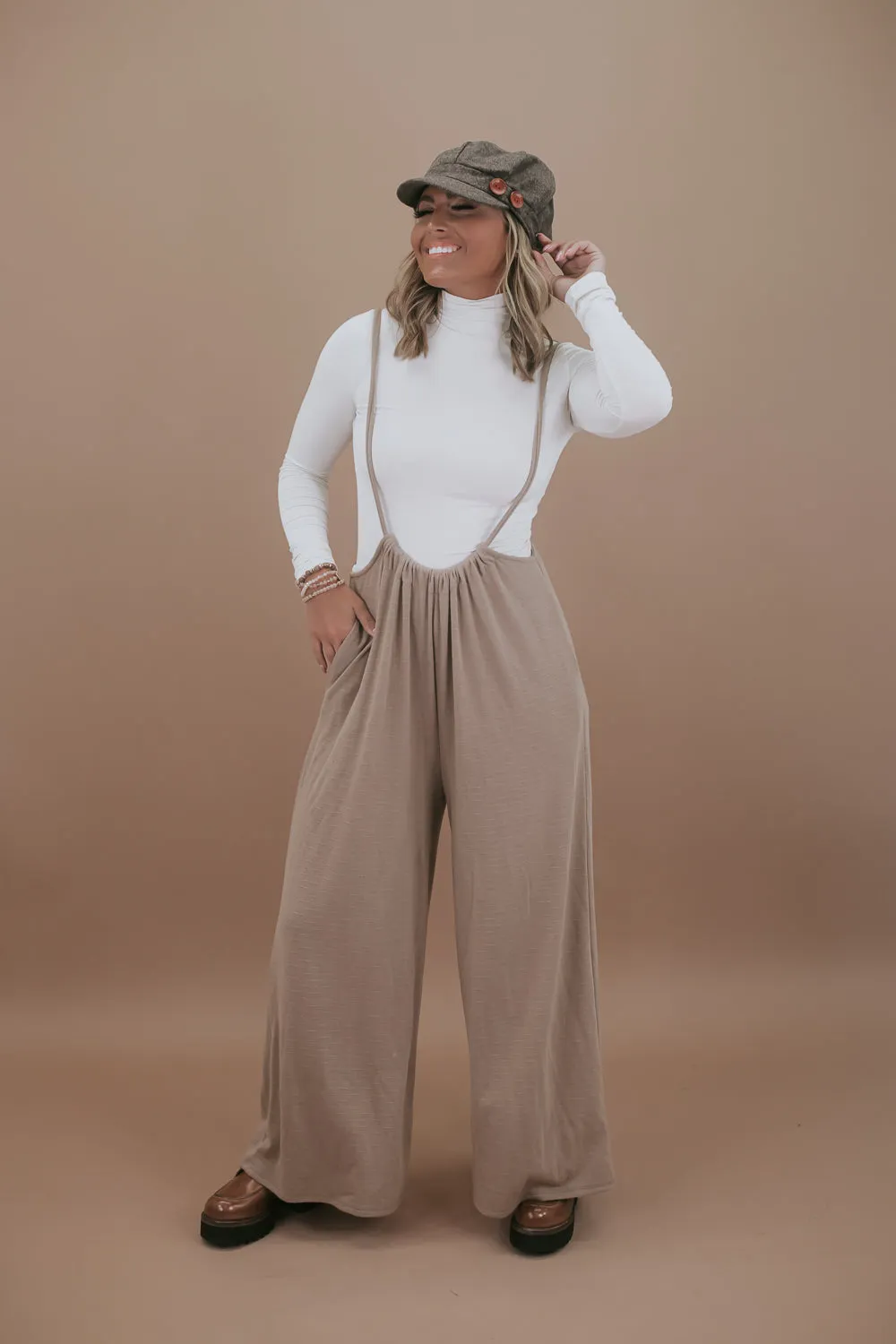 Head Over Heels Suspender Jumpsuit, Taupe