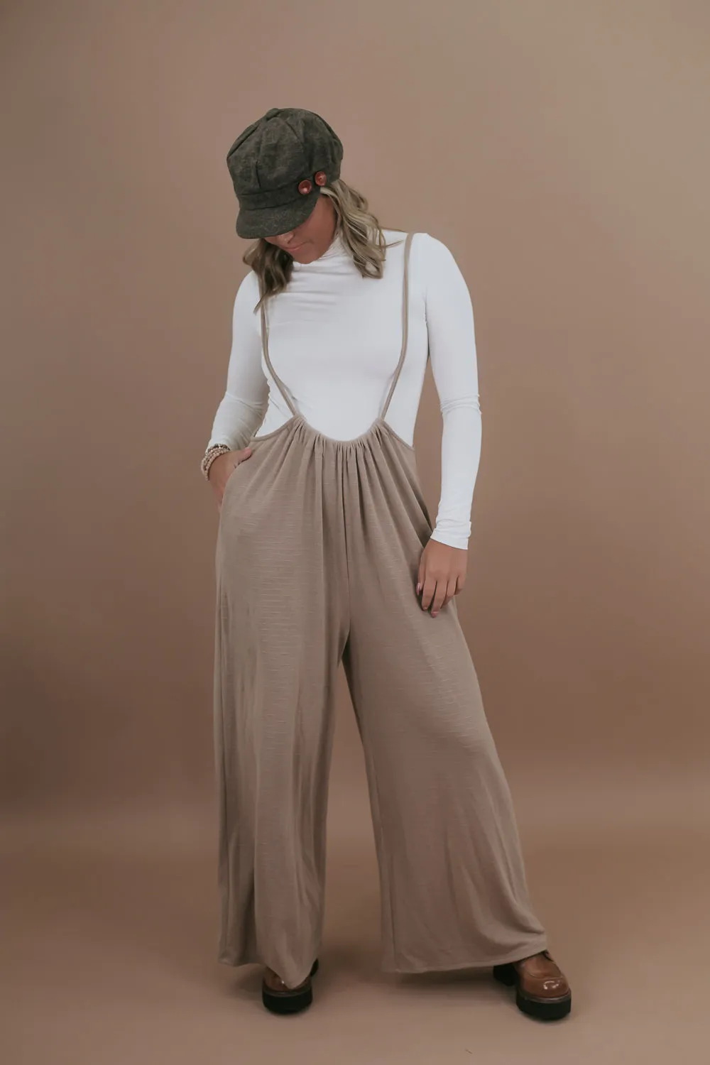 Head Over Heels Suspender Jumpsuit, Taupe