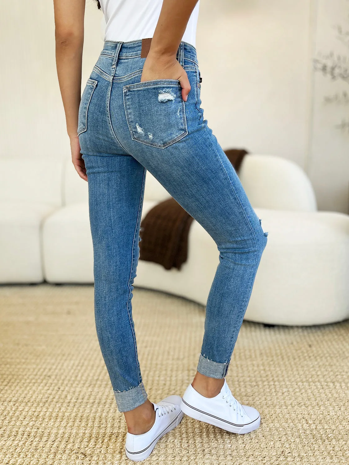Judy Blue Jean Full Size Mid Rise Destroy & Cuff Skinny Jeans