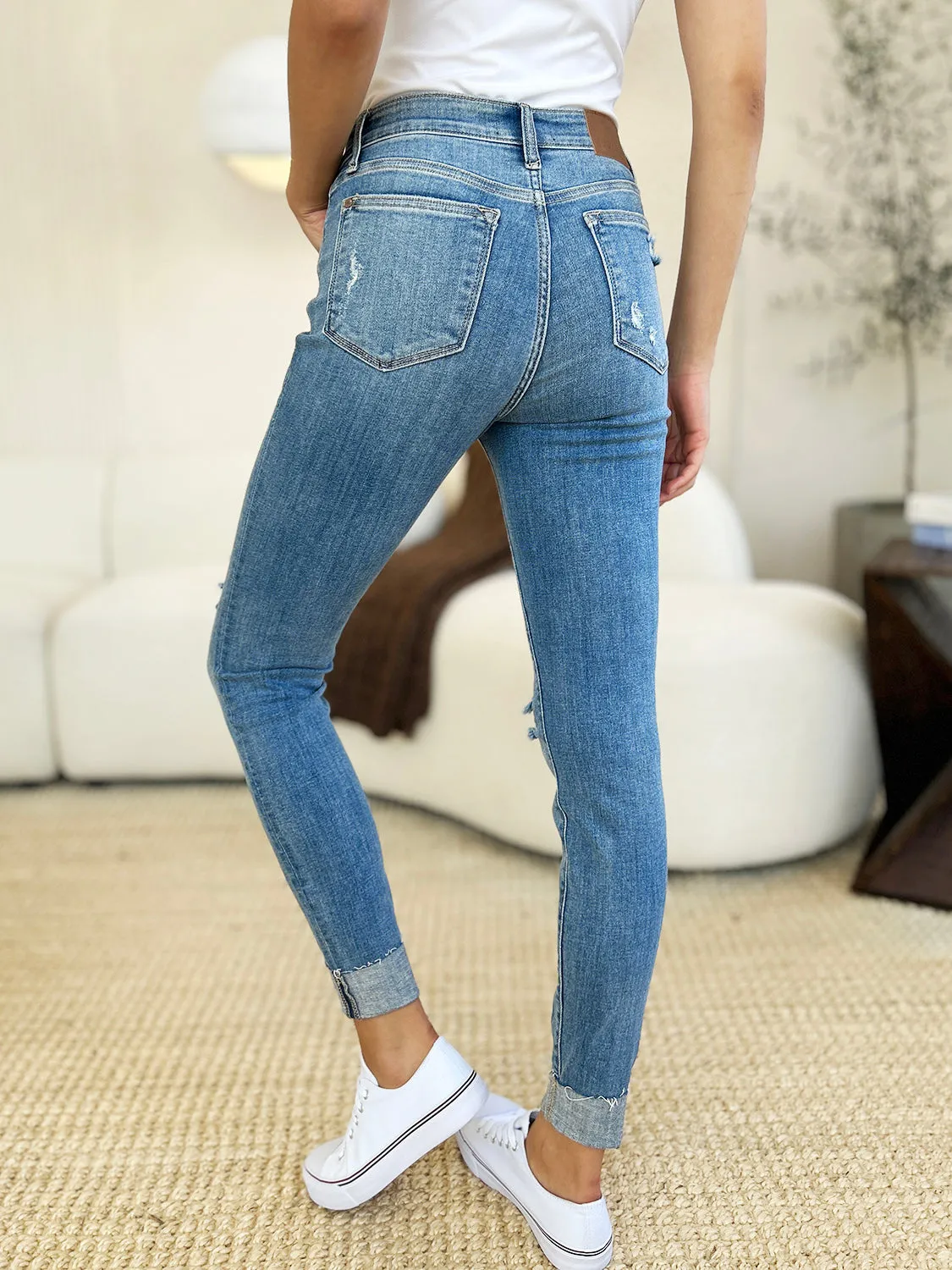 Judy Blue Jean Full Size Mid Rise Destroy & Cuff Skinny Jeans